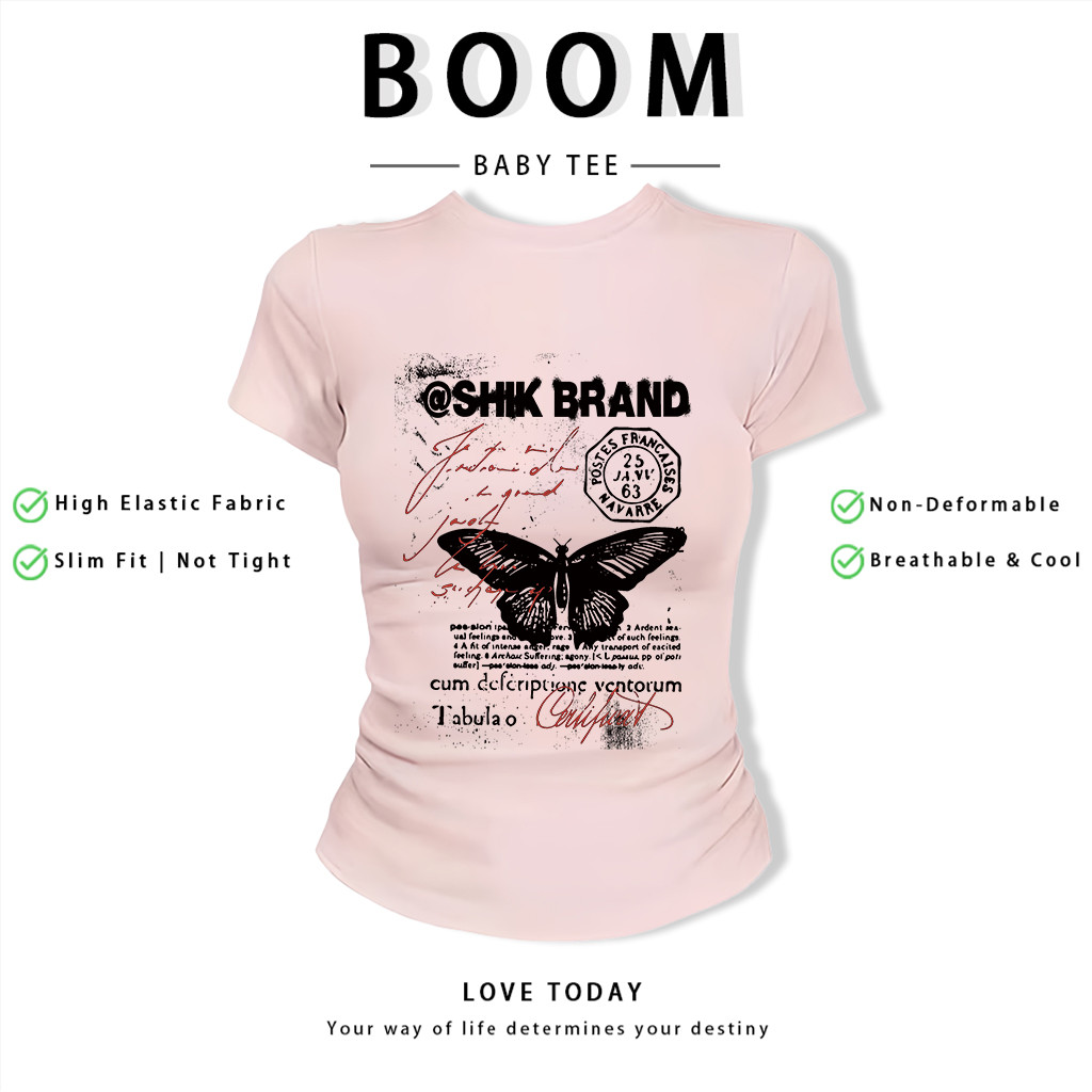BOOM Áo Baby Tee Nữ Cotton Ôm Body-Áo Thun Ngắn Tay Y2K In Hình PhongCách Mùa Hè, Cổ Tròn Hàng Đầucách hàn quốc phongK06