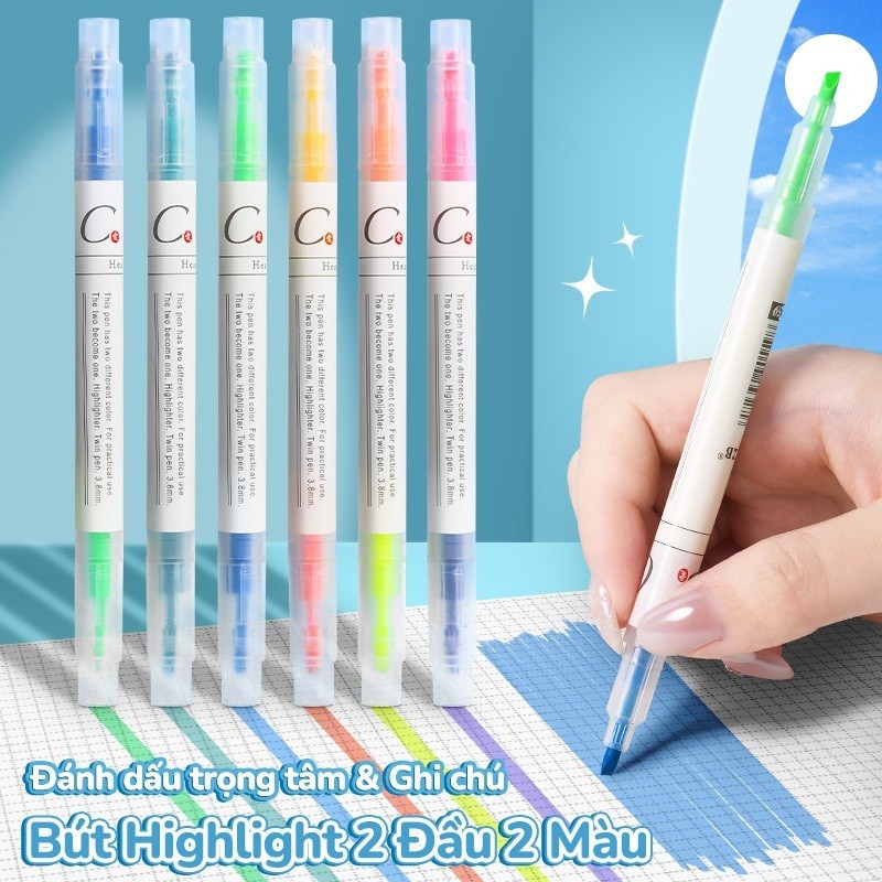 Bộ 6 bút highlight pastel dạ quang 2 đầu tiện lợi, màu tươi sáng, phản quang tốt, nhiều màu