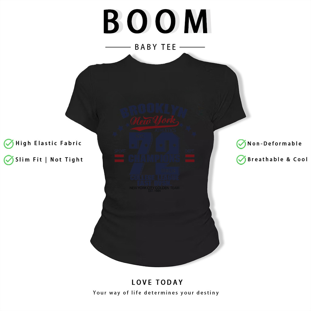 BOOM Áo Baby Tee Nữ Cotton Ôm Body-Áo Thun Ngắn Tay Y2K In Hình PhongCách Mùa Hè, Cổ Tròn Hàng Đầucách hàn quốc phongA87