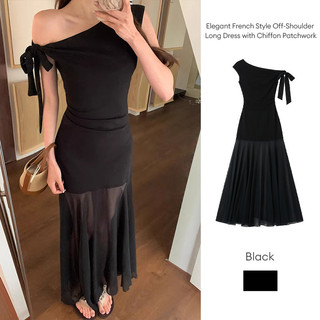 Đầm dài kiểu Pháp thanh lịch, trễ vai, chất liệu chiffon, phối nhiều mảnh, thích hợp cho mùa hè.