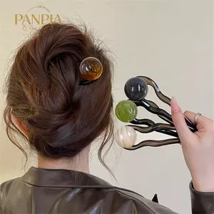 PNPIA- Vintage Đơn Giản Đính Hạt Hình Chữ U Kẹp Tóc Nữ Mùa Hè Đá Cẩm Thạch Đầu Đĩa Phụ Kiện Tóc