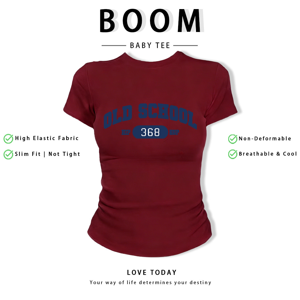 BOOM Áo Baby Tee Nữ Cotton Ôm Body-Áo Thun Ngắn Tay Y2K In Hình PhongCách Mùa Hè, Cổ Tròn Hàng Đầucách hàn quốc phongV24