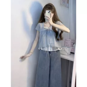 Áo thun ngắn tay hai mảnh cổ chữ V nhỏ vui nhộn ngọt ngào Hàn Quốc màu xanh giả
