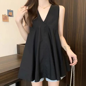 Đầm tay ba phần tư mùa hè VN, Size lớn, Phong cách Pháp ngọt ngào, Phiên bản rộng rãi, Thiết kế bụng, Cổ chữ V, Không tay, Dây đeo, Phong cách nữ, Phong cách 2025