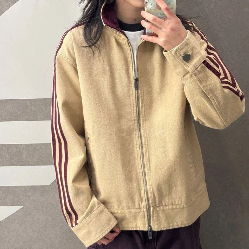 2026 Thu Đông Xuân Nam Nữ Rửa Cotton Đứng Cổ Sọc Áo Khoác Thêu Cặp Đôi Áo Khoác | BigBuy360 - bigbuy360.vn