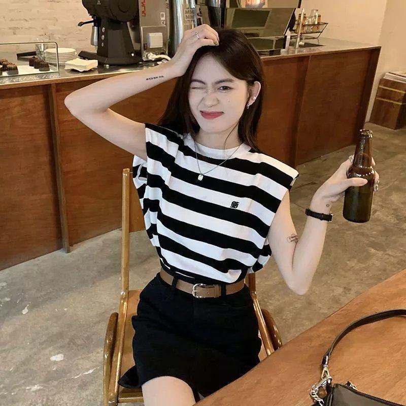 [Hàng mới về] Áo thun Vest sọc trắng đen dành cho nữ Mùa hè Phiên bản Hàn Quốc Thiết kế phong cách mới Sơ đồ Niche Loose Outer Top