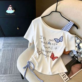 Áo thun cotton cho bé gái – Tay ngắn, vai lệch, thắt dây eo, phong cách dễ thương mùa hè