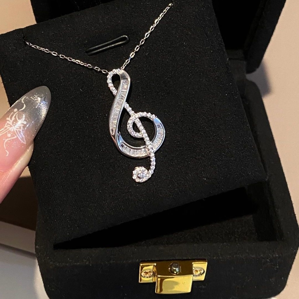 Vòng cổ Clef Treble lấp lánh, Mặt dây chuyền ghi chú âm nhạc bạc với kim cương giả, Trang sức tối giản dành cho những người yêu thích âm nhạc