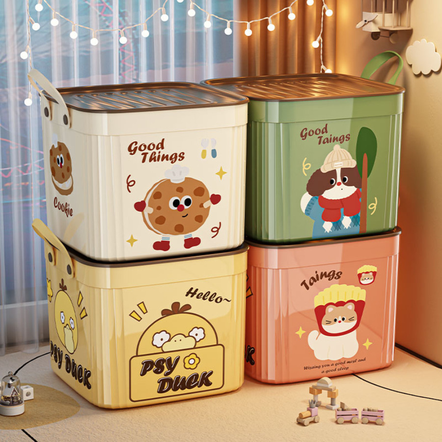 Thùng Nhựa Đựng Đồ Đa Năng Có Nắp Hoạt Hình Cookie, Hộp Đựng Quần Áo Chăn Mền Đồ Chơi Có Quai Xách Tiện