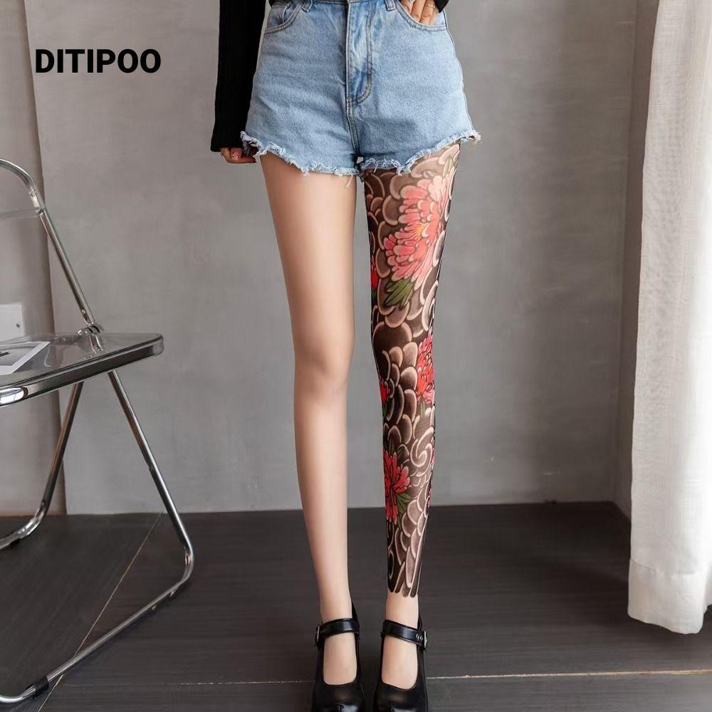DITIPOO Quần Tất Nữ Lưới In Hình Hoa Mẫu Đơn Gợi Cảm Phối Cảnh Giả Hình Xăm Legging Nylon Mùa Hè