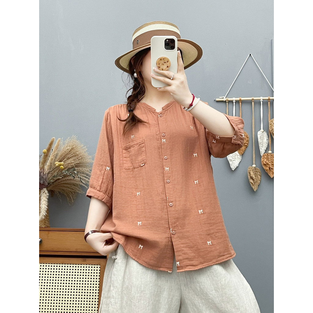 Áo sơ mi nữ cotton cao cấp hoạt hình Hàn Quốc thêu nơ dáng rộng cổ đứng ngắn tay