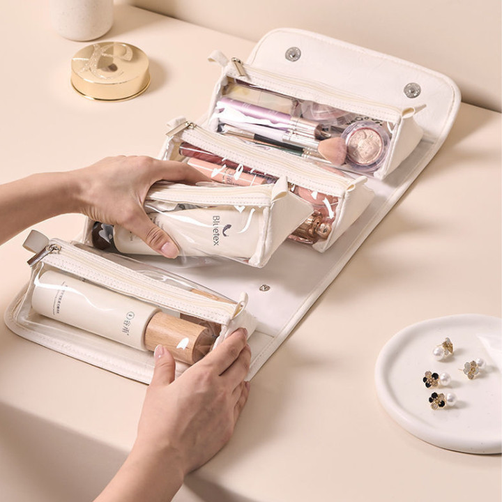 Túi Đựng Mỹ Phẩm Du Lịch Gấp Gọn Có Móc Treo, Túi PU Trang Điểm Nhiều Ngăn Trong Suốt Chống Nước HomeMate