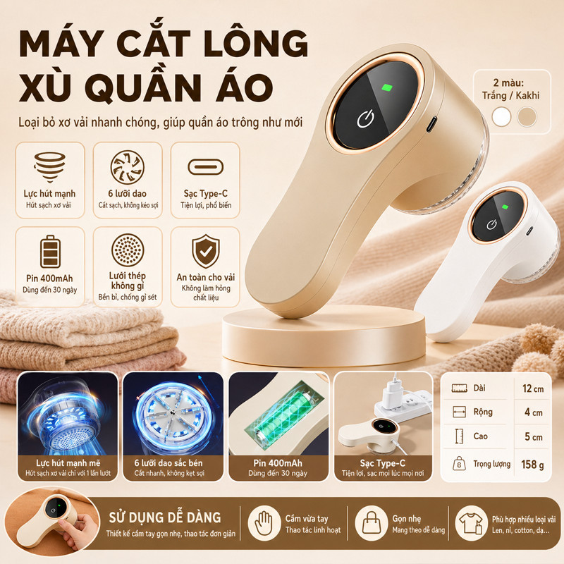 Máy Cắt Lông Xù Thế Hệ Mới – 6 Lưỡi Cắt, Màn Hình LED, Sạc Điện Thông Minh, Hoạt Động Êm Ái, Cạo Sạch Bông Xơ