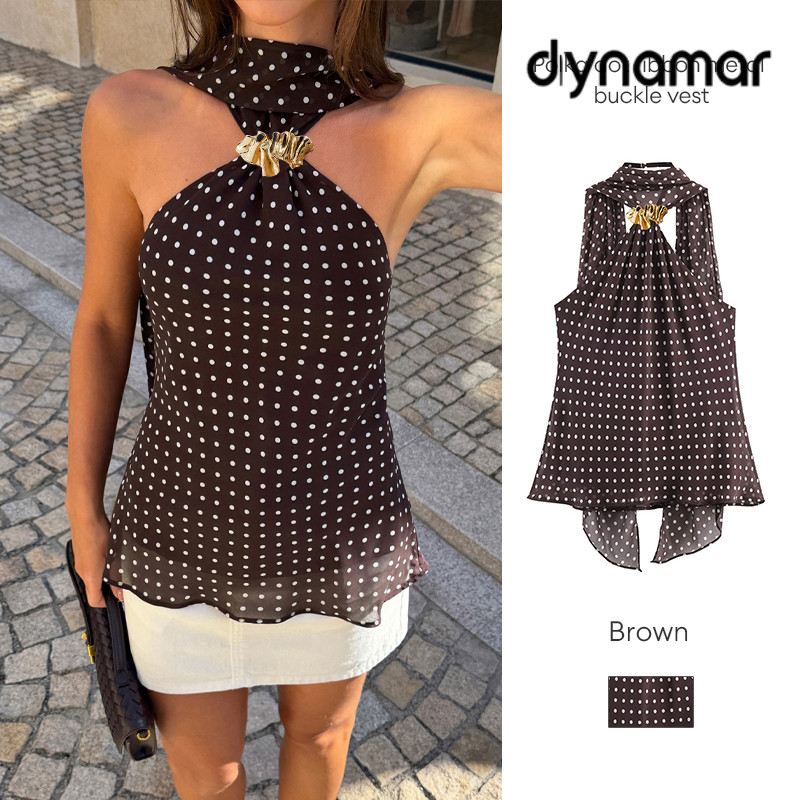 【dynamar】Hàng Có Sẵn-Áo vest nữ cổ yếm khóa kim loại kiểu dáng gợi cảm chấm bi, áo croptop hở lưng.