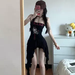 Đầm Nữ Mùa Hè Phong Cách Mới Pháp Không Đều Ruy Băng Đen Ống Top Slim-fit Ôm Hơn Nhìn In Tất Cả Trận Đấu Váy Ngắn