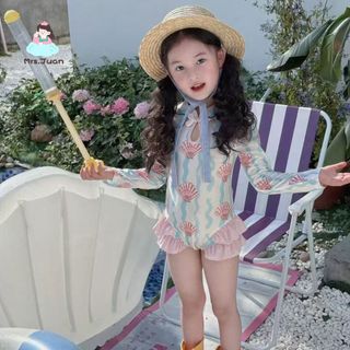 Bộ đồ bơi liền thân bé gái – Họa tiết vỏ sò, tay dài, chất liệu nhanh khô, chống nắng, mùa hè