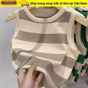 Áo Crop Top BAMBOOB, Áo len dệt kim sọc tương phản bằng sợi Acrylic không tay, Áo ghi lê không tay cổ tròn dệt kim dành cho nữ
