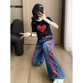 Bộ trang phục mùa hè thời thượng dành cho nữ, áo thun nữ tay ngắn kết hợp với quần jean trẻ trung