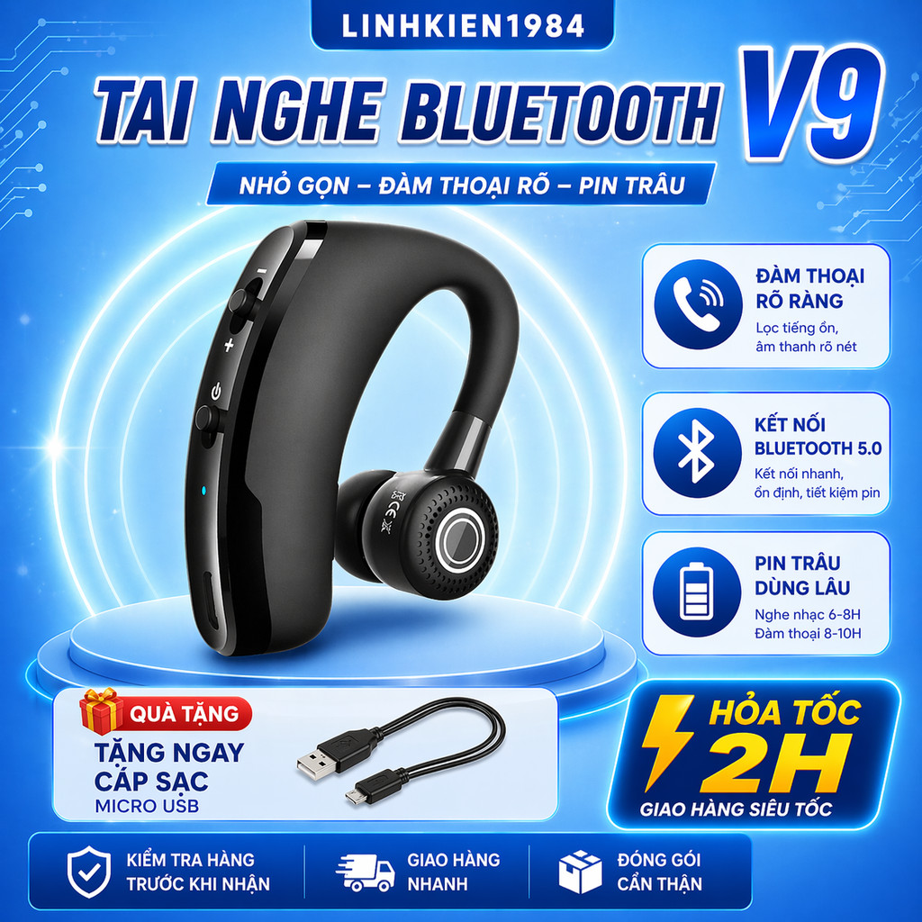 Tai Nghe Bluetooth V9 Không Dây – Đàm Thoại Rõ, Pin Trâu, Kết Nối