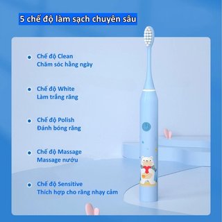 Bàn chải đánh răng điện trẻ em Sonic 5 chế độ Lông mềm USB chống nước có thể sạc lại 5 đầu