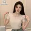 Áo sơ mi nữ tay ngắn cổ rùa nửa form slim, chất liệu tweed, họa tiết kim cương, phù hợp mặc hàng ngày