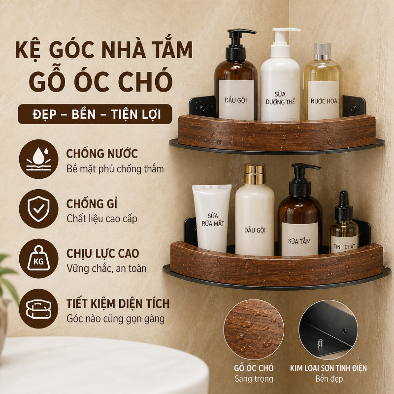 Kệ Góc để đồ Nhà Tắm, Chất Liệu Gỗ óc Chó, Chống Thấm Nước, Chống Gỉ, Khả Năng Chịu Lực Cao