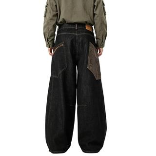 Quần Jean Nam Đen Patchwork Phối Vải Ống Rộng Cao Eo Vintage Thời Trang