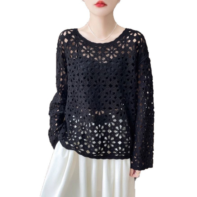 Mới Phong Cách Trung Hoa Móc Cutout Dệt Kim Nữ Phong Cách Lười Đi Làm Áo