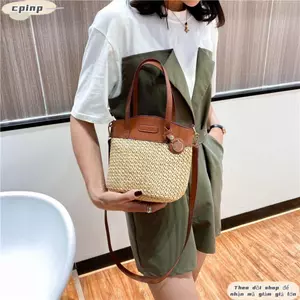 Túi cói CPINCP, Túi đeo vai chắp vá rơm Pu, Túi xách nữ bền bỉ