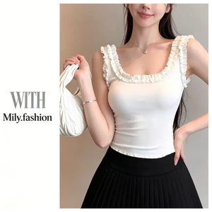 Milyfashion Trắng Có Miếng Lót Ngực Slim-fit Slimer Nhìn Nấm Ren Sling Ngắn Top Nữ Phong Cách Mới CIF2