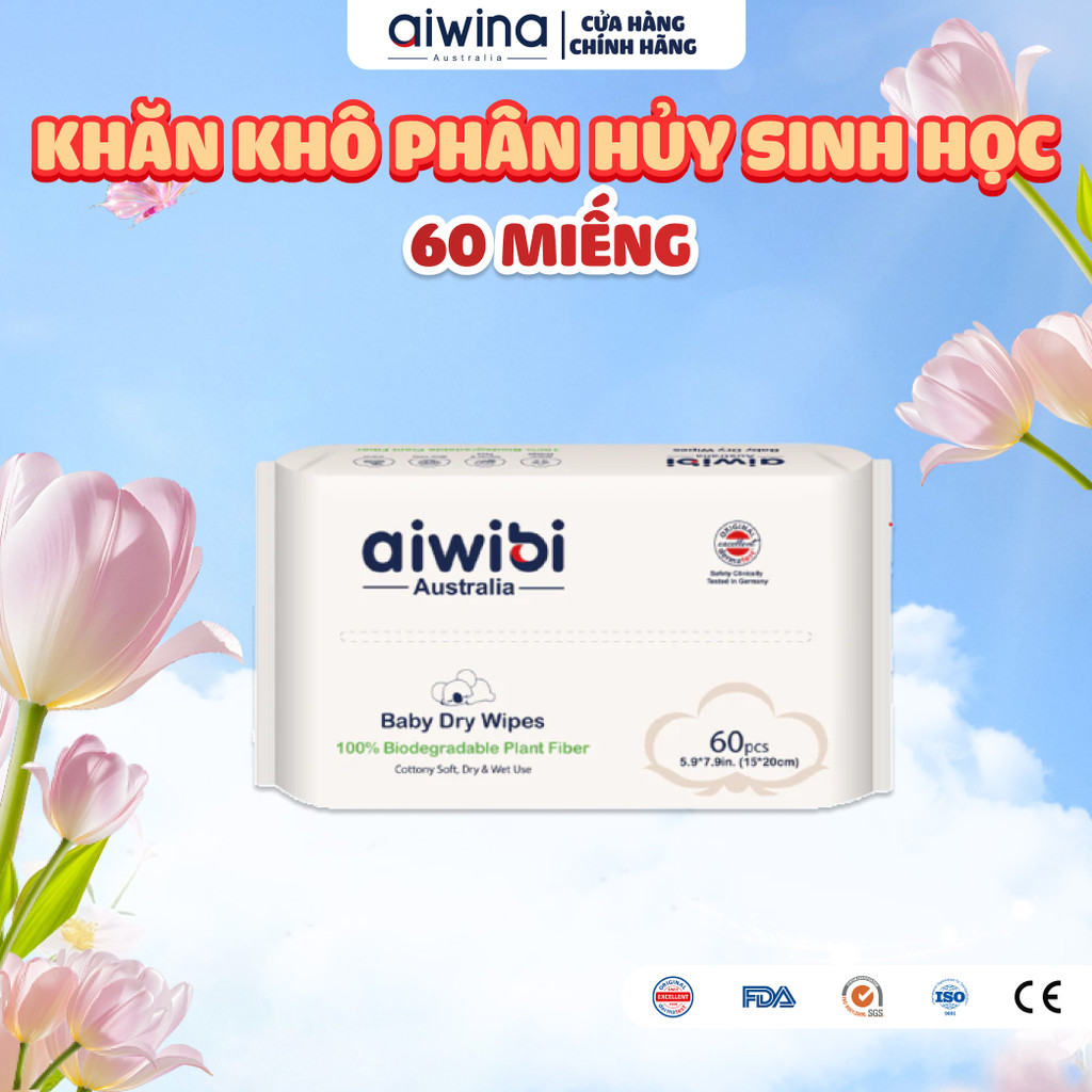 Khăn Khô Aiwibi Phân Hủy Sinh Học 100% Làm Sạch Nhẹ nhàng, An Toàn Cho Da Nhạy Cảm (1 Gói 60 Miếng)