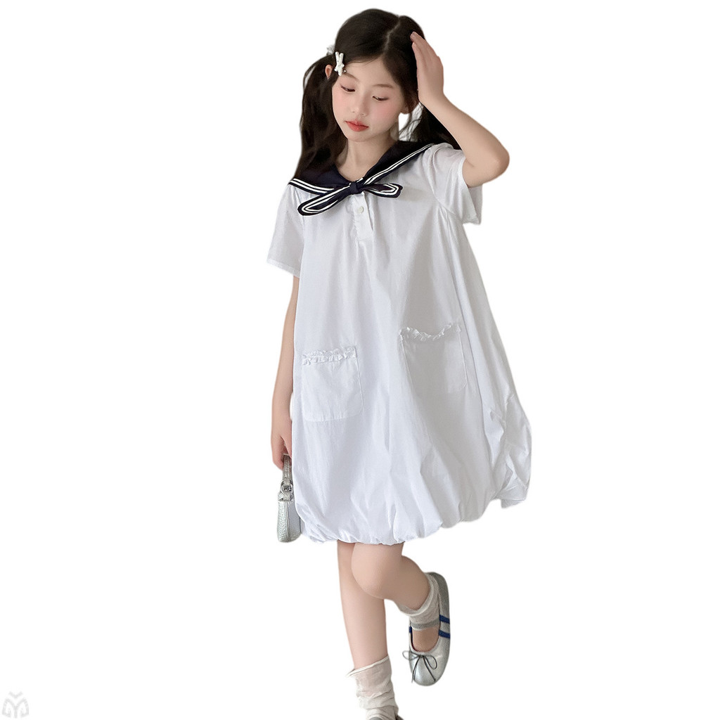 Bé Gái Cổ Hải Quân Hoa Nụ Đầm Mùa Hè 2026 Phong Cách Mới Trẻ Em Preppy Phong Cách Rời Tay Ngắn Đầm Công Chúa