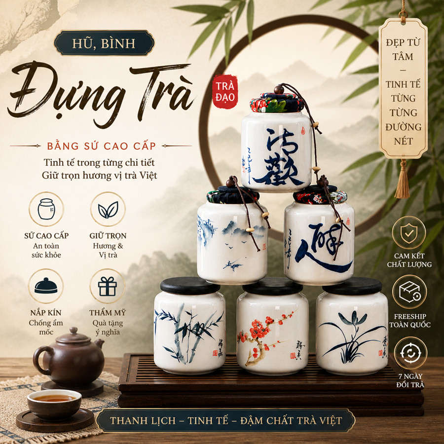 HŨ, BÌNH ĐỰNG TRÀ BẰNG SỨ MEN XANH TRẮNG CAO CẤP