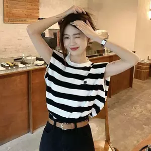 Áo thun Vest sọc trắng đen dành cho nữ Mùa hè Phiên bản Hàn Quốc Thiết kế phong cách mới Sơ đồ Niche Loose Outer Top