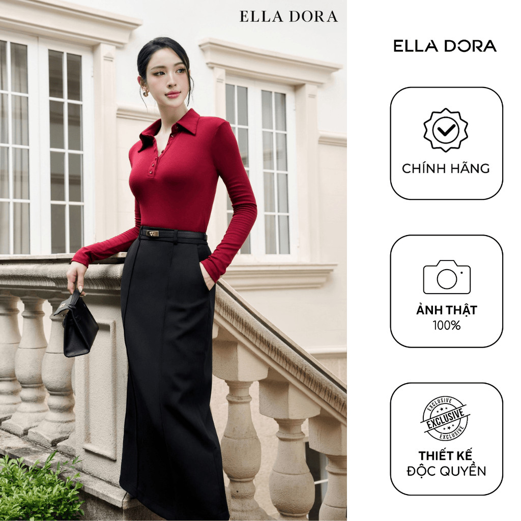 Áo thun polo ELLA DORA thiết kế tay dài cổ bẻ phối nhiều cúc form gọn thanh lịch 2 màu ĐEN/ĐỎ [AT41]