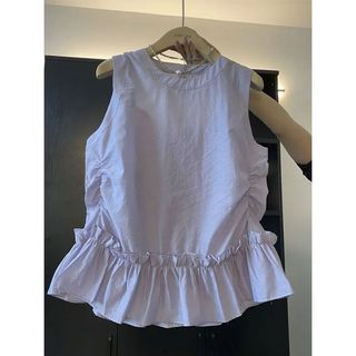 Nấm Edge Rời Tính Khí Không Tay Thoáng Khí Mùa Hè Mỏng Áo Xếp Ly Ren Cổ Tròn Phong Cách Mới Pháp Đẹp Trắng Tím Áo Sơ Mi Không Tay Top