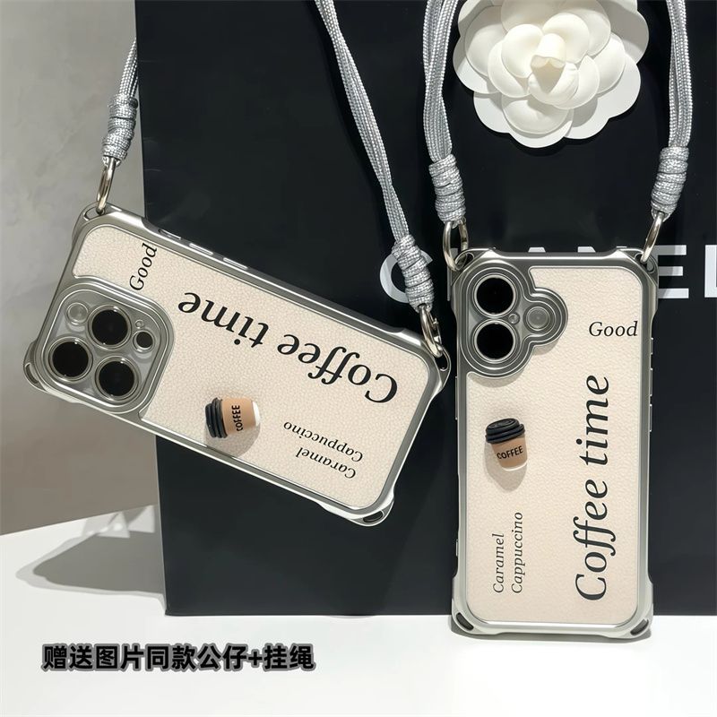 Cà phê ba chiều phong cách Mỹ kiểu Anh Thích hợp cho vỏ iPhone 16promax 15 / 14 Vỏ dây buộc bốn dây 13PRO Bộ 5.8