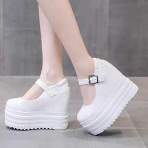 Mùa Xuân Thu Bên Trong Tăng Chiều Cao Giày Trắng Bằng Sáng Chế Da Slip On 13cm Siêu Cao Gót Giày Lười Đế Dày Đế Nền Tảng Loafer