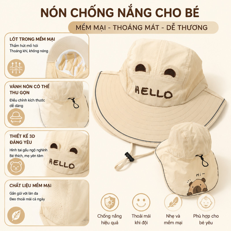 【SKISOPGO】Mũ Chống Nắng Trẻ Em Hình Capybara,Ngăn Tia UV, Vải Nhanh Khô, Thoáng Khí,Chống UV Cho Bé 1–8 Tuổi