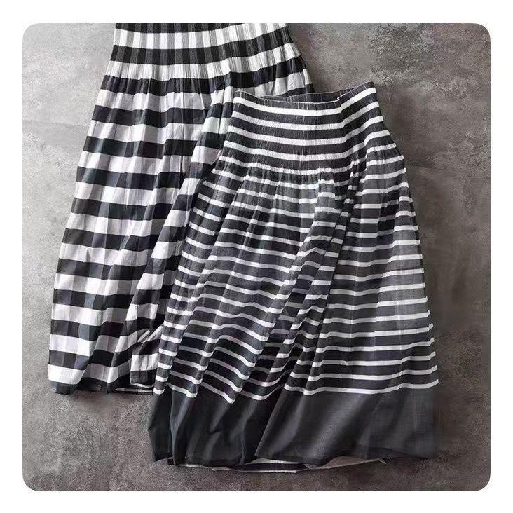 [Thời gian có hạn Seckill] Mùa hè Phong cách mới Retro Thời trang eo cao thun eo chữ A Váy xếp ly sọc thêu hai mặt
