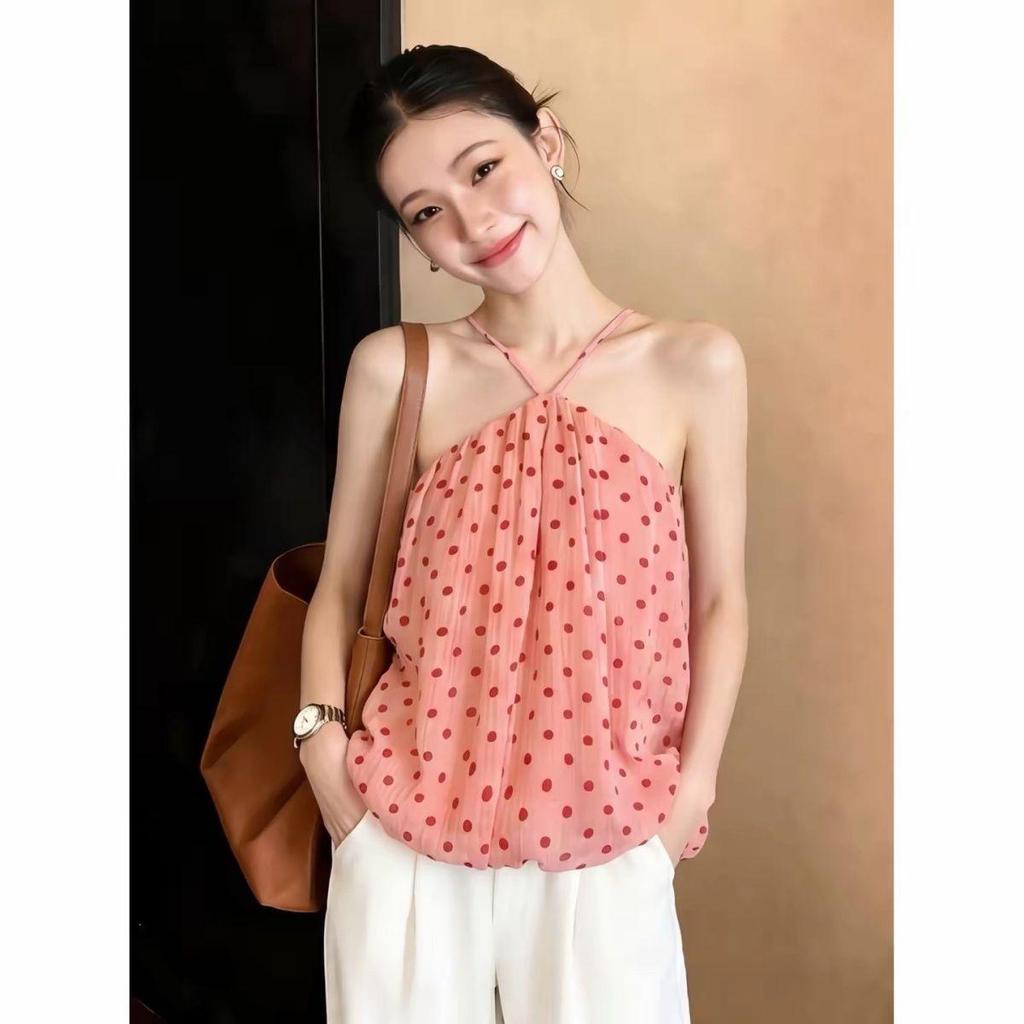 Sling Top Nữ Mùa Hè Pure Desire Chấm Bi Dây Cổ Sling Phong Cách Ngày Lễ Du Lịch Mặc Ống Rời Top Hoa Bud Áo Sơ Mi Bé Phù Hợp Với Hàng Đầu