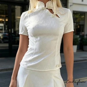 Áo sườn xám ngắn tay dành cho nữ Thanh lịch Trung Quốc Cổ Mandarin Truyền thống Áo sơ mi Jacquard Qipao