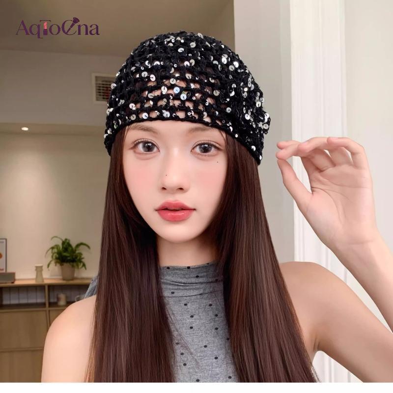 AqToCna Retro Thanh Lịch Đính Kim Sa Lấp Lánh Hoa Rỗng Mũ Chui Đầu Nữ Mùa Hè Thu Du Lịch Ảnh Bầu Không Khí Đa Năng Thường Ngày Y2K Dệt Beanies AqToCna