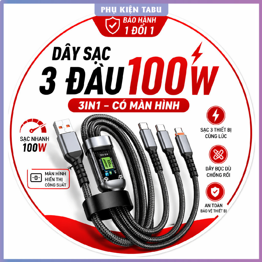 Cáp Sạc 3 Đầu 3in1 100W Có Màn Hình - Sạc Nhanh, Bền, Không Rối - Sạc 3 Thiết Bị Cùng Lúc