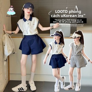 Bộ đồ bé gái polo thể thao - Áo sát nách phối màu váy quần chữ A set 2 món năng động