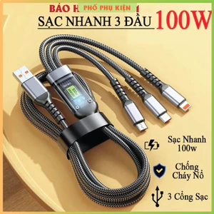 Cáp Sạc Nhanh 3 Đầu 100W - CÓ MÀN HÌNH. Dây Sạc 3 Trong 1 Chống Đứt, Chống Rối - Cáp sạc 3 in 1 Sạc Cùng Lúc 3 Thiết Bị