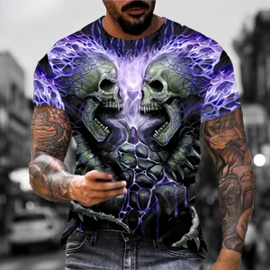 Áo Unisex Cổ Tròn Ngắn Tay Họa Tiết Đầu Lâu 3D Thích Hợp Mùa Hè