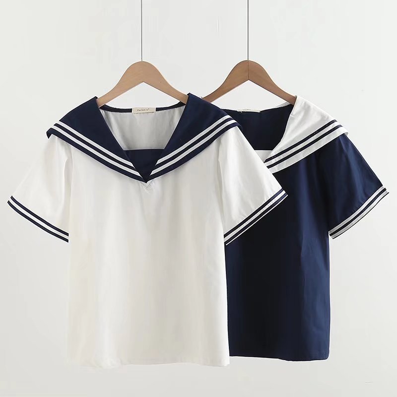 Mùa Xuân - Hè Áo Sơ Mi Trắng Style Thủy Thủ 100% Cotton, Cổ Rời, Tay Ngắn