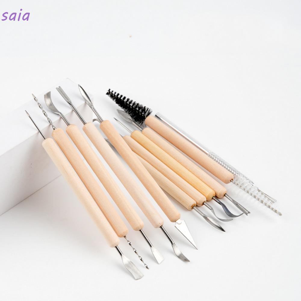 SAIA 11 Bộ Dụng Cụ Tạo Mô Hình Điêu Khắc Đất Sét Gốm, Với Tay Cầm Bằng Gỗ Mịn Bộ Dụng Cụ Khắc Hai Mặt, Dụng Cụ Gốm Đất Sét Polymer Đa Năng Gốm Sứ