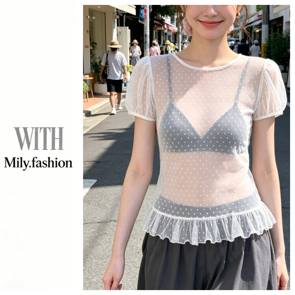 Milyfashion Áo Thun Mùa Hè Cổ Tròn Họa Tiết Chấm Bi, Tay Phồng